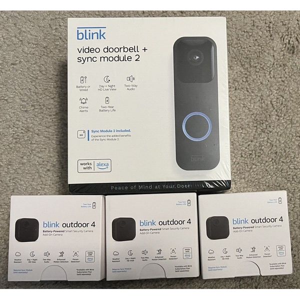 BRAND NEW BLINK VIDEO DOORBELL W/SYNC MODULE 2 & (3) OUTDOOR 4 CAMERAS 4TH GEN