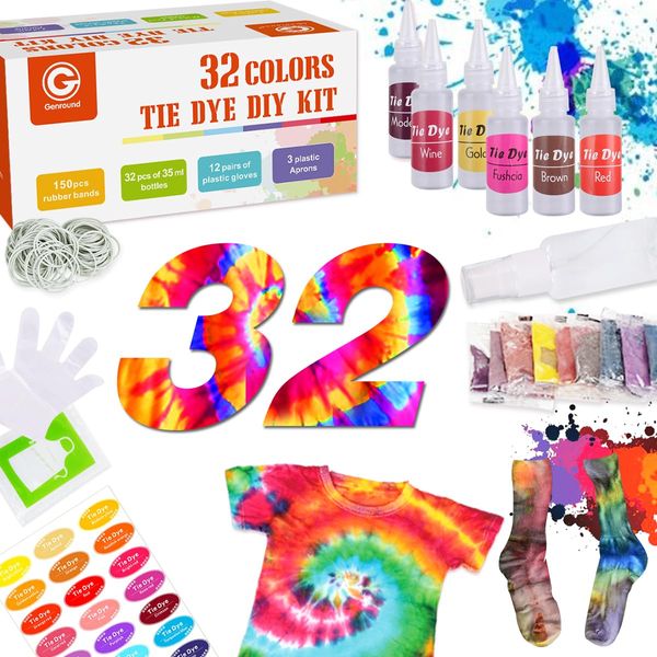 Genround Tie Dye Gifts, 32 Luxurious Colourways Tie Dye Kit, Dyeing Art Craft Handmade Tie Dye Sets for Kids & Adults, Safe and Non-Toxic Tie Dye with Gloves, Elastic Band & Apron(Homemade)