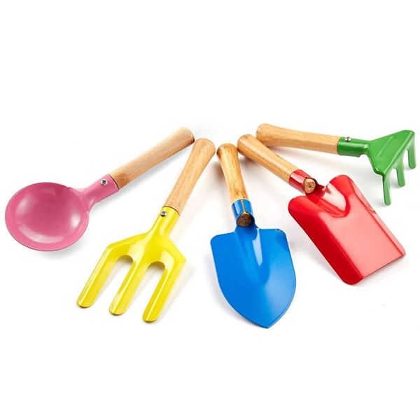 Aptoper Kids Gardening Tools Set, 8" Safe Beach Sandbox Toy Made of Metal with Sturdy Wooden Handle Gardening Equipment Fork, Trowel, Rake & Shovel for Children (5 Pcs)