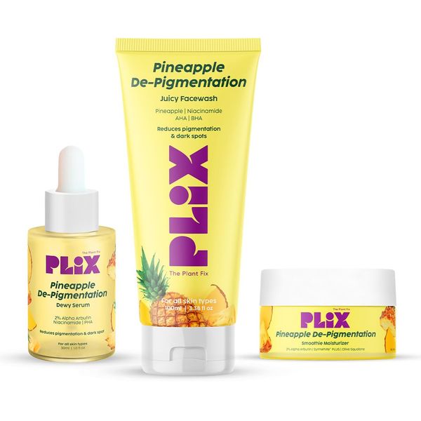 PLIX - THE PLANT FIX Pineapple Pigmentation Skincare Kit For Dark Spot Removal | Cleanser, Face Serum and Moisturizer Combo With 2% Alpha Arbutin For Women & Men, Pack of 3