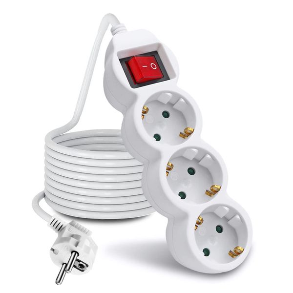 ExtraStar Steckdosenleiste 3-Fach Mehrfachsteckdose mit Save Energy Schalter zum Stromsparen, Kabel 3m, Kindersicherung 16A, 3680W, weiß