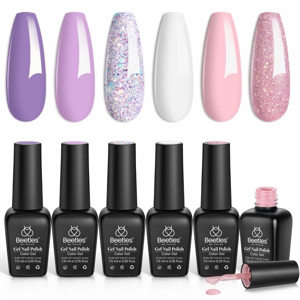 Beetles 6 Colors Gel Nail Polish Kit, Romantic Garden Pink Purple Glitter Gel Polish Milky White Soak Off Nail Lamp Cured Nail Art Gift Box DIY Manicure