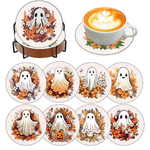 8 Pcs Diamond Art Coasters Kits for Adults with Holder Cork Pads, Fall Halloween Diamond Art Dots Painting Coasters Kits for Adults Beginners Crafts 4x4in (Ghost)