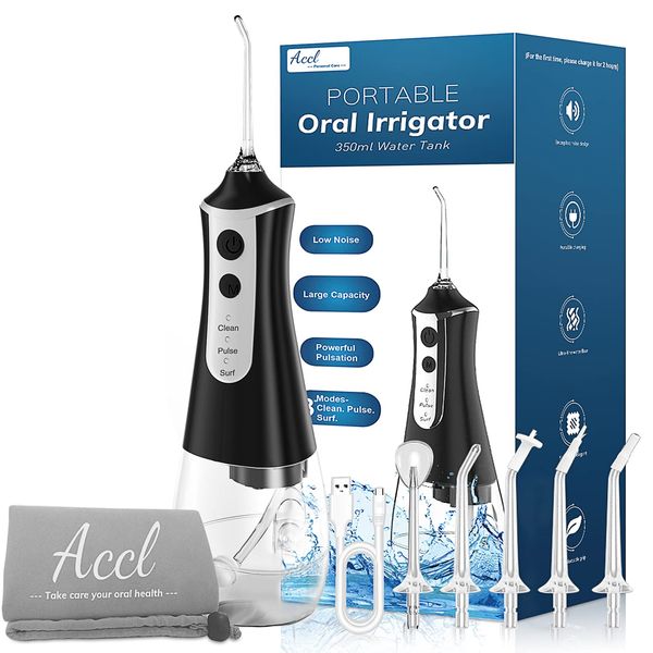 ACCL Water Flosser for Teeth Cordless Picker with 5 Tips and 3 Modes & Travel Bag, 350ML Portable Oral Irrigator Cleaner Power Cleaning Home Use, Black