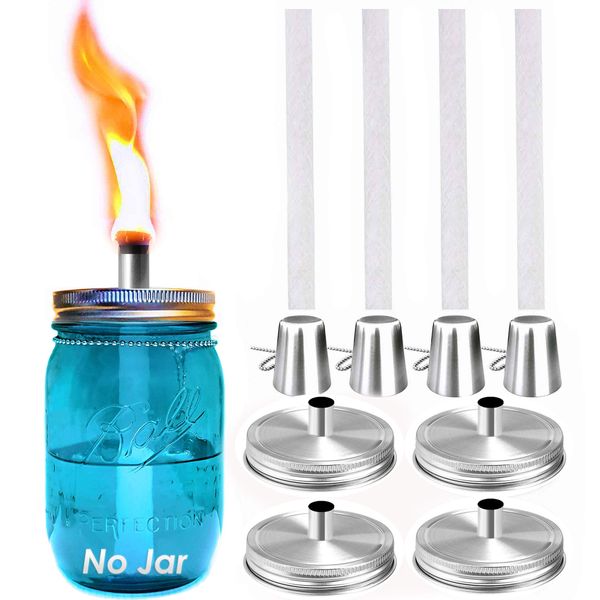 Mason Jar Tabletop Torch Kits,4 Pack Longlife Fiberglass Wicks,Stainless Steel Mason Jar Lids Caps Included,Outdoor Deck Oil Lamp Torch