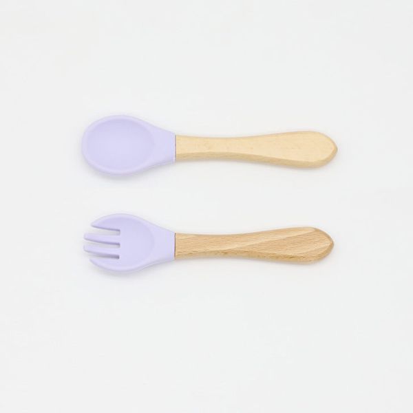 Baby Food Grade Wooden Handles Silicone Spoon Fork Cutlery - Average Size (0-8Y） / Red