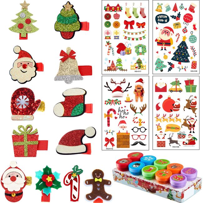 26 Weihnachten Zubehör für Kinder, 12 Stück Weihnachten Haarspangen 4 Blätter Weihnachten Temporäre Tätowierungen 10 Stück Weihnachten Selbsteinfärbung Stampers, Weihnachten Haarnadeln für Mädchen