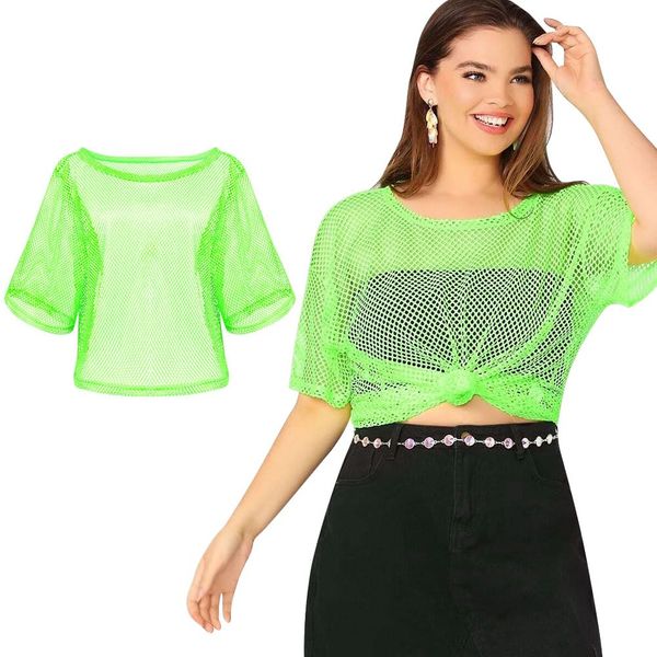 Aomig 80s Neon Fishnet Mesh T-Shirt, 1980s Neon Fancy Dress Costume for Women Girls, Women Sexy Casual Top for 1980s Retro Theme Party