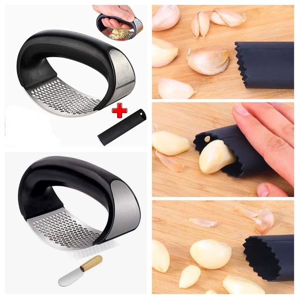 Garlic Press rocker Stainsteel Garlic Crusher Black Peeler and Metal scraper