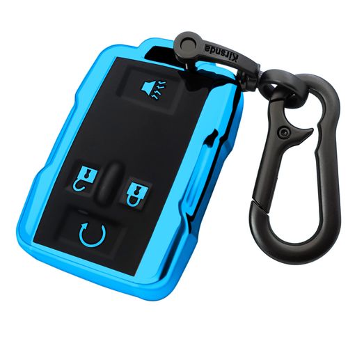 Kirsnda for Chevrolet key fob cover case with Metal buckle,Soft TPU key Shell/skin,4-Buttons fit GMC chevy Colorado Silverado Suburban Tahoe Silverado Remote Key Vehicle Accessories(Blue)