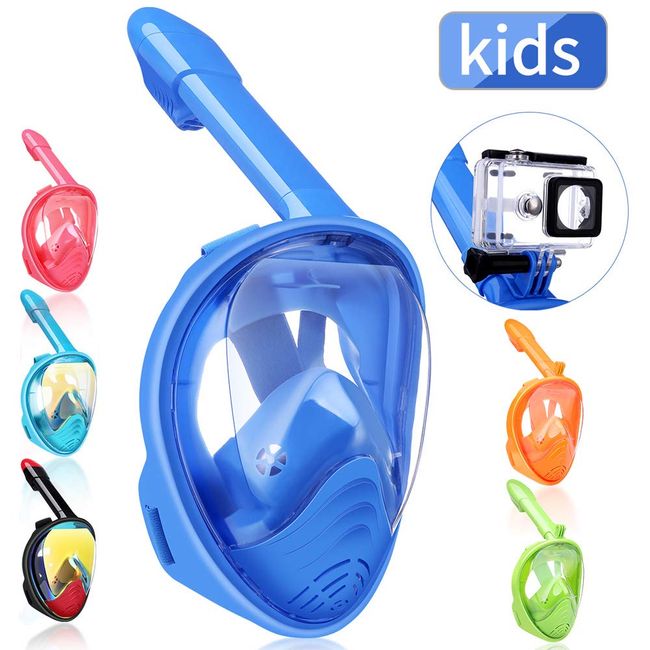 QingSong Kids Snorkel Mask Full Face, Snorkeling Set with Camera Mount, 180 Degree Panoramic View Snorkeling Gear Anti-Fog Anti-Leak