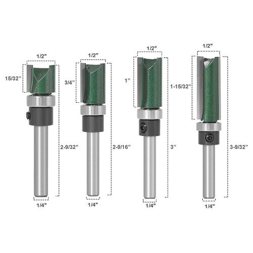 Bestgle 4pcs 1/4” Shank Flush Trim Pattern Router Bits Set Double Straight Template Woodworking Milling Cutter Tools