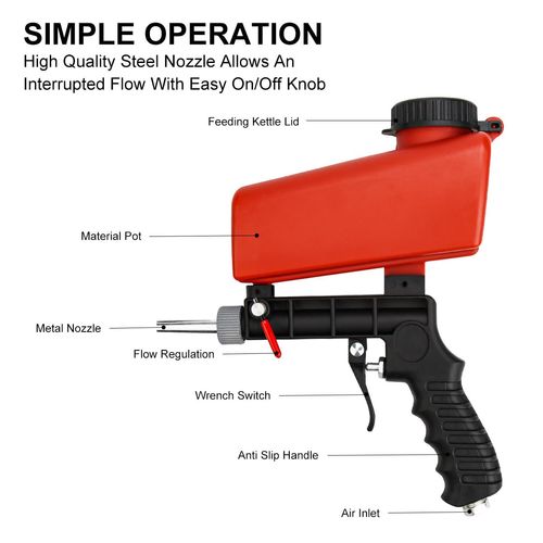 Sand Blaster Gun Kit – Air Sand Blaster Gun with Siphon Feed Nozzle, Red Hose & Moisture Filter – Removes Paint, Rust, Stains & Dirt – Works with Sandblast Media (Soda, Aluminum, Walnut Shells)