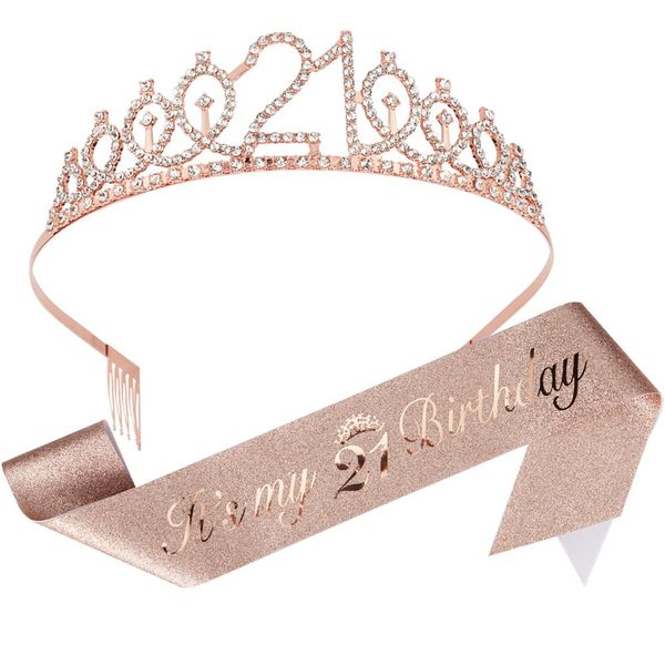 Birthday Headband Rose Gold It's My 21 Birthday Sash for Women Birthday Crowns Tiara for Girls Women, 2 Pack