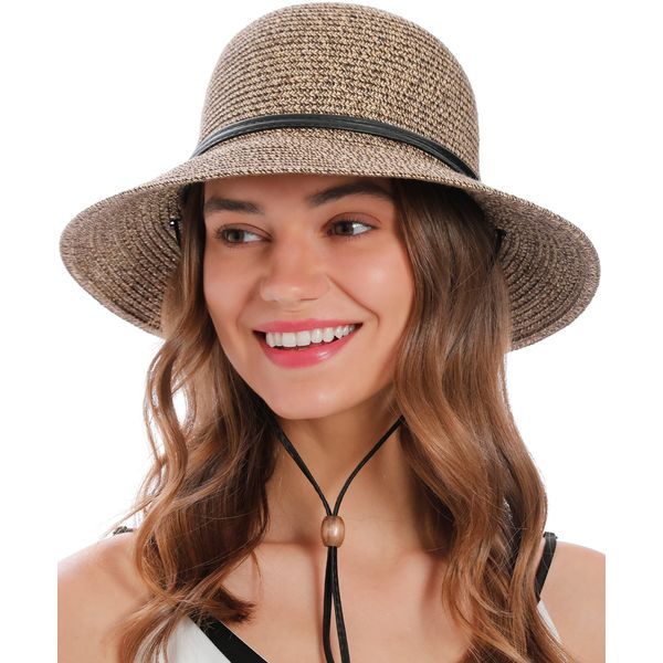 Simplicity Womens Beach Hat, Wide Brim Lightweight Straw Cute Sun Hat with Chin Strap Roll Up Sun Visor, Coffee/Brown