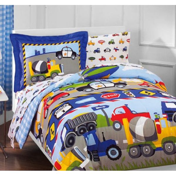 Construction Trucks, Police Cars, Tractors, Boys Twin Comforter Set (5 Piece Bedding)