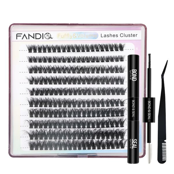 Fluffy Cluster Lashes Extension Kit,200pcs D Curl DIY Individual Eyelash Extension Kit,8-16MM Volume Cluster Lashes Wispy lash Kit with Lash Bond and Seal Lash Applicator Easy to Apply at Home(60D)