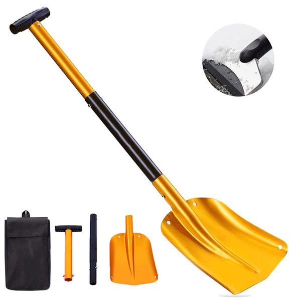 Telescopic Snow Shovel, Telescopic Snow Shovel, Aluminum Alloy Snow Shovel, With Scraper, Assembly Type Snow Shovel, Car Snow Shovel, Portable Snow Shovel, Multi-functional Shovel, Lightweight, Easy to Carry, Easy to Assemble, Storage Bag Included (Gold)