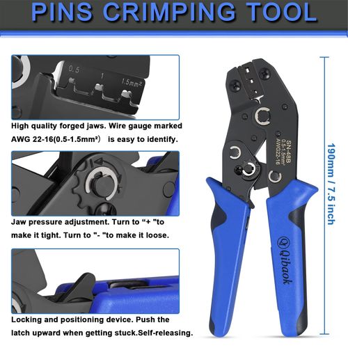 Wire Terminal Crimping Tool Kit, Qibaok Ratcheting Wire Crimper AWG 22-16(0.5-1.5mm²) with 500PCS Female Male Spade Connectors & Bullet Connectors Terminals