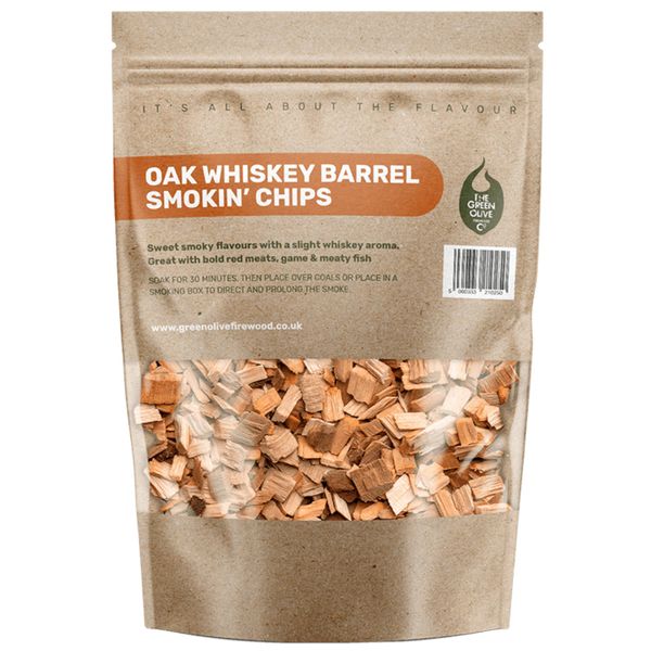 Green Olive Firewood - Wood Chips for smoking, 3L - bbq wood chips Ideal for use In BBQ's or Smokers - Flavoured smoking wood chips, for smoking meat, fish and even vegetables - Whiskey Oak