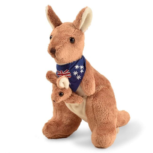 BOHS Plush Kangaroo with Australia Scarf and Removable Joey - Cuddly Soft Stuffed Mom and Baby Animals Toy- 11 Inches