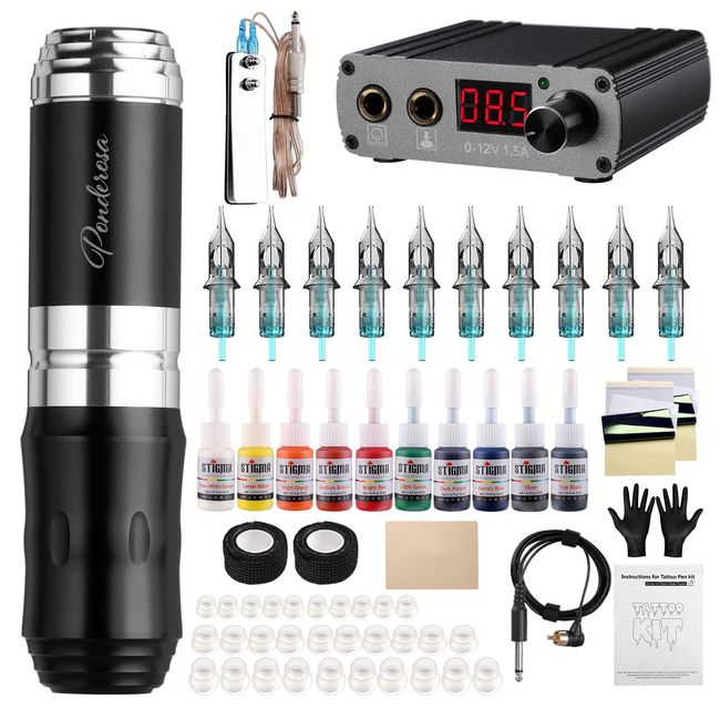 STIGMA Tattoo Machine Kit Complete Rotary Machine Set Tattoo Pen with 10Pcs Tattoo Cartridges Needles Digital Display Power Supply for Beginners and Tattoo Artists STP35KITP192-5-UK