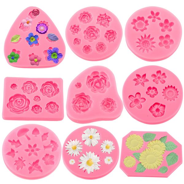 TOPZEA 9pcs Pink Flower Silicone Cake Molds