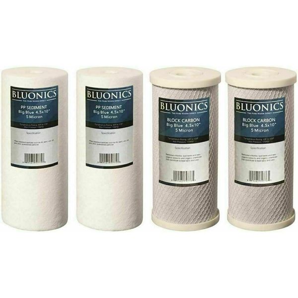 Bluonics 4pc CTO Carbon Block & Sediment 4.5 x 10" Replacement Filter Cartridges
