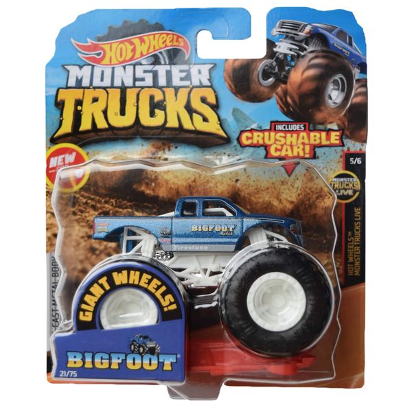 Hot Wheels Monster Trucks 1:64 Scale Bigfoot 21/75 Crushable car, Blue with White roll cage