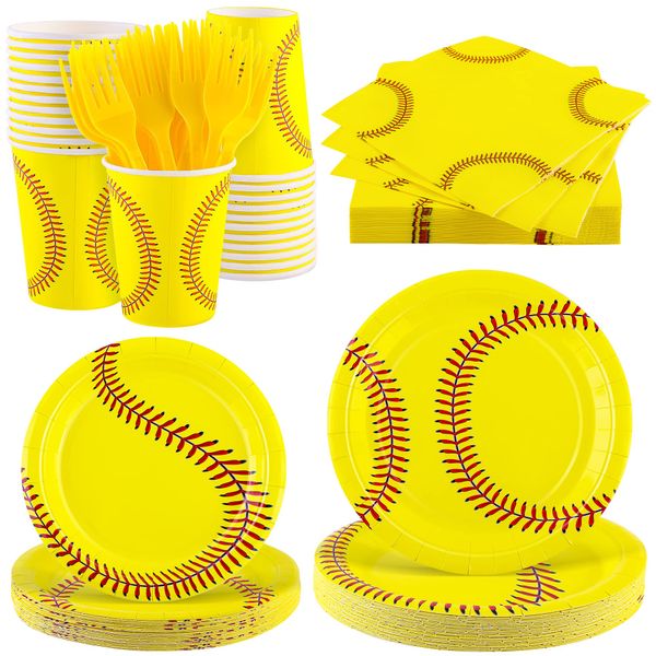 durony 144 Pieces Softball Paper Plates and Napkins Dinnerware Set Softball Birthday Party Tableware Supplies Includes Paper Plates Napkins Forks Serve 24 for Sports Softball Party Supplies