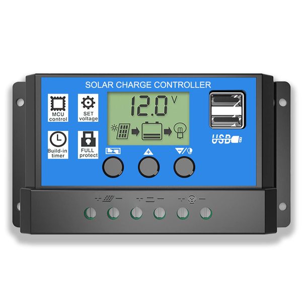Solar Charge Controller, Topcloud 10A Solar Panel Controller 12V/24V PWM Auto Parameter Adjustable LCD Display Solar Panel Battery Regulator with Dual USB Port