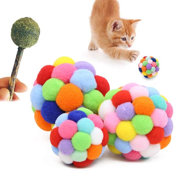 Wudong 3 Pcs Colorful Cat Balls with 1 Pcs Catnip Lollipop,Plush Bouncy Ball Bell Interactive Toys for Cats Kitten Training Playing Chewing