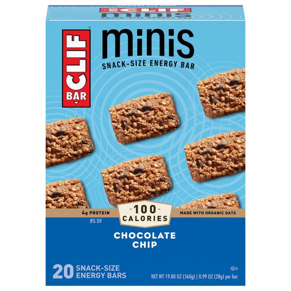 Clif Bar Minis - Chocolate Chip - Made with Organic Oats - 4g Protein - Non-GMO - Plant Based - Snack-Size Energy Bars - 0.99 oz. (20 Pack)