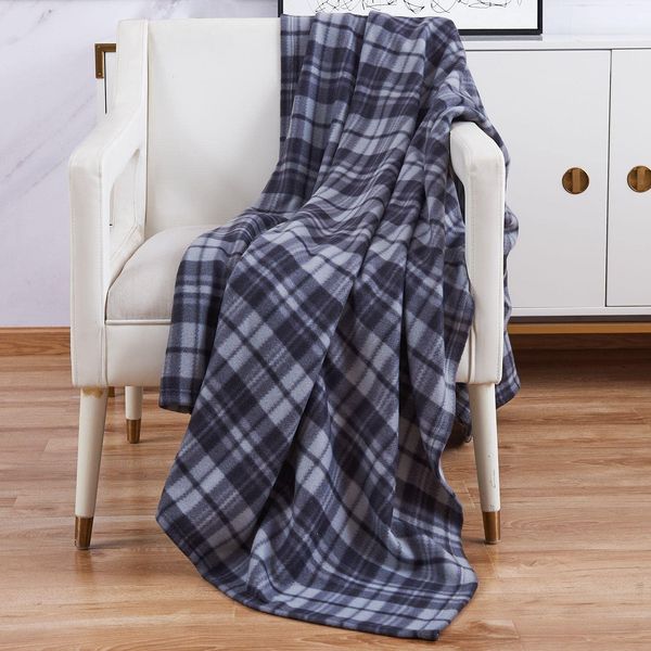 Adore Home Soft and Warm Double 200x240cm Tartan Check Printed Fleece Throw for Sofa Bed Travel Car Blanket (Grey Check)