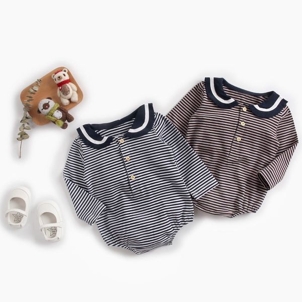 Baby Girl Striped Pattern Sailor Collar Design Fashion Long Sleeves Bodysuit Onesie - 66 (3-6M) / Coffee