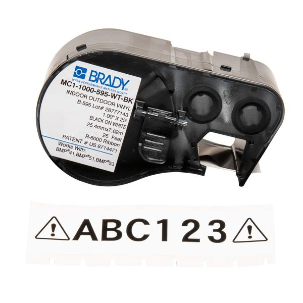 Brady - MC1-1000-595-WT-BK Official (MC-1000-595-WT-BK) High Adhesion Vinyl Label Tape, Black on White - Designed for BMP41, BMP51 and BMP53 Label Printers - 25' Length, 1" Width