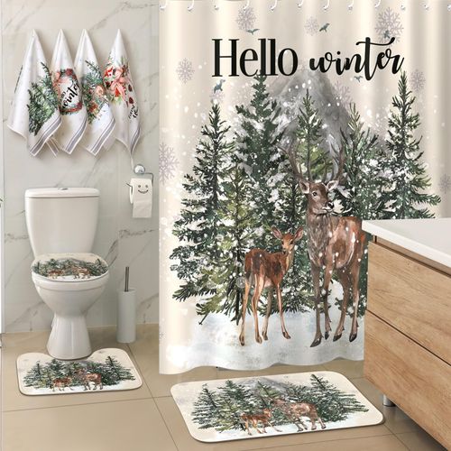 VitalCozy 8 Pcs Winter Tree Shower Curtain Set Winter Pine Tree Deer Snowflake Shower Curtains with Rug Toilet Mat Lid Cover Towels and Hook for Winter Forest Bathroom Accessories