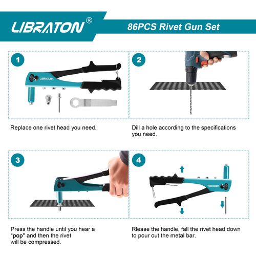Libraton Rivet Gun, Hand Riveter 80pcs Metal Rivets and 4pcs HSS Drill bits, Pop Rivet Gun, Professional Riveter Tool for Automotive, Railway, Furniture, Instrument