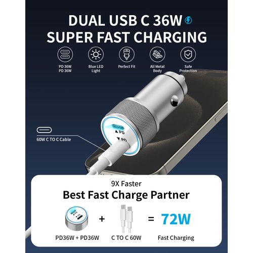 iPhone 15/16 Pro Max Car Charger, 72W 2-Port All Metal Fast USB C Car Charger Power Cigarette Lighter Adapter for MacBook Pro/Air, iPhone 15/16, Galaxy S25/S24, iPad, AirPods (2 USB C Cable Included)