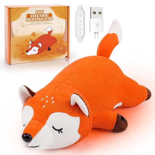 Electric Heating Pad for Period Pain Relief Heating Pad Cramps USB Powered Cuddly Soft 14" Fox Plush Heat Pad Electric Heat Pad for Neck Shoulder Back Animal Shaped Heated Pads (Orange)