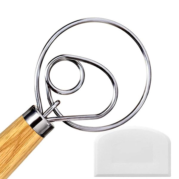 Danish Dough Whisk, Dutch Style Bread Whisk For Dough Cooking Kitchen with Stainless Steel Danish Whisk Bread Mixer 13" and Dough Scraper