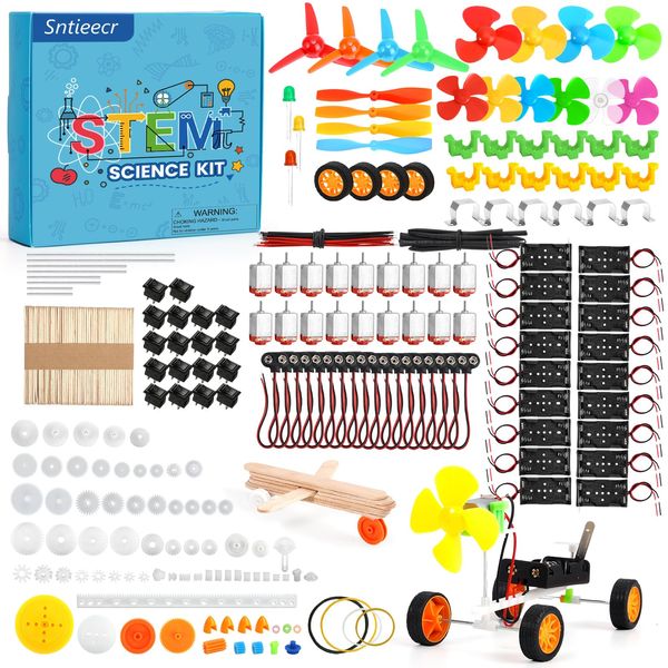 Sntieecr 276PCS DC Motor Kit, Mini Electric Circuit Kit for DIY Science Projects with Motors, LED Light, Vanes Propeller, AA Battery Holder, Plastic Gears, Gift for Kids