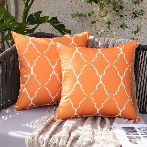 MIULEE Outdoor Cushion Cover Morocco Decorative Waterproof Throw Pillow Cover Square Modern Pillow Case for Garden Sofa Living Room Decoration 18 x 18 Inch 45 x 45 cm Orange Pack of 2