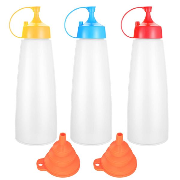 3PCS Squeeze Bottles with Caps, BPA Free No Leak Sauce Squeeze Bottle, Reusable Squeeze Containers with 2 Silicone Funnel for Olive Oil Tomato Sauce Salad Dressing Seasoning (550ml)