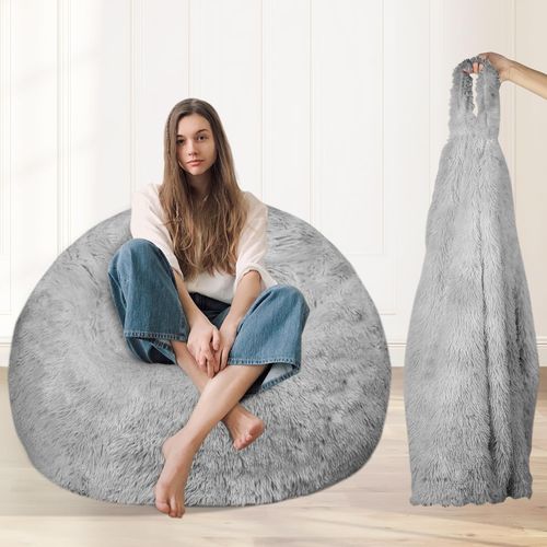 TRAVEVA Fluffy Faux Fur Bean Bag Chair Cover for Living Room(No Filler), Bean Bag Chairs Cover for Kids/Teens,Premium Furry Anti-Slip Bean Bag Cover for Organizing Plush Toys (Light Grey)