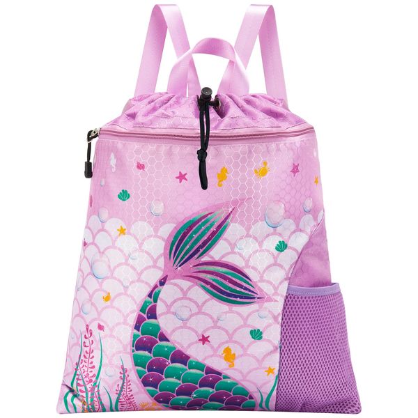 WAWSAM Mermaid Gym Drawstring Backpack String Bag - 15” × 17” Sports Gym Bag for Girls Kids Waterproof Swimming Beach Shopping Yoga Sackpack Birthday Gift with Zippered Pocket and Water Bottle Pocket