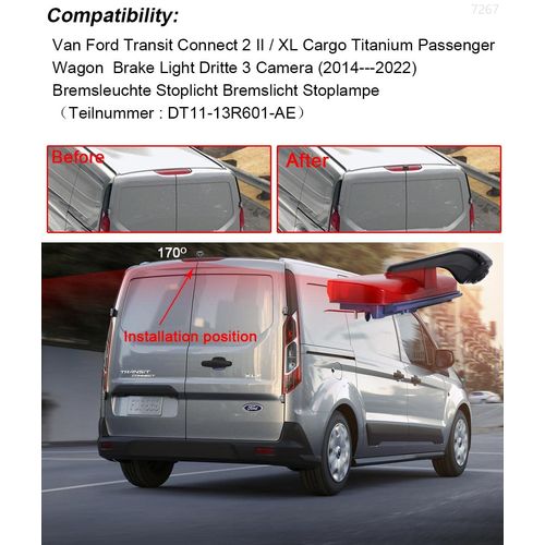 Car Third Roof Top Mount Brake Lamp Light Rear View Reverse Parking Camera,Replacement for Van Ford Transit Connect 2 II/XL Cargo Titanium Passenger Wagon 2014-2022 (with 4.3 inch Monitor)