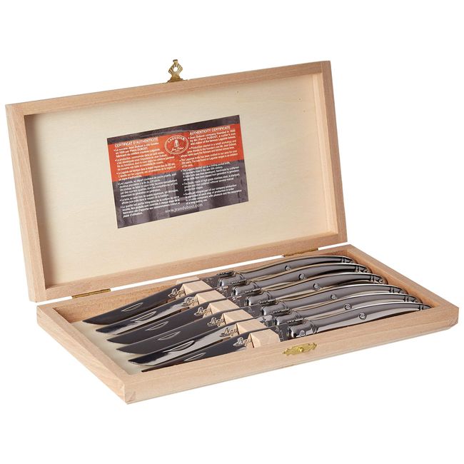 Jean Dubost 6 Steak Knives with Assorted Wood Handles