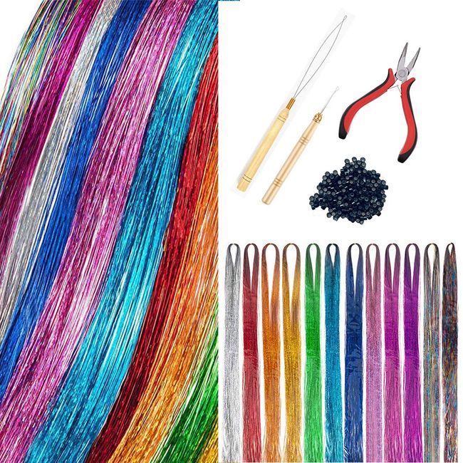 46 Inch Hair Tinsel With Tools 12 Colors 2000 Strands Hair Tinsel Kit  Glitter Hair Extensions Sparkling Shiny Hair Extensions Silk Fairy Hair  Tinsel Strands Kit Hair (46 Inch, 12 Colors)