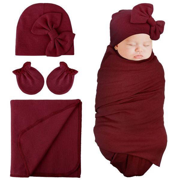 DRESHOW BQUBO Newborn Receiving Blanket Bow Hat Gloves Set Cotton Warm Baby Swaddle Blanket Wrap Baby Sleep Sack Shower Gift